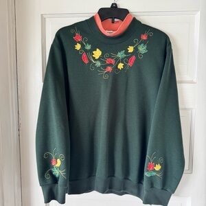 BonWorth Coral and Green Embroidered Leaves Double Collar Sweatshirt Grandma